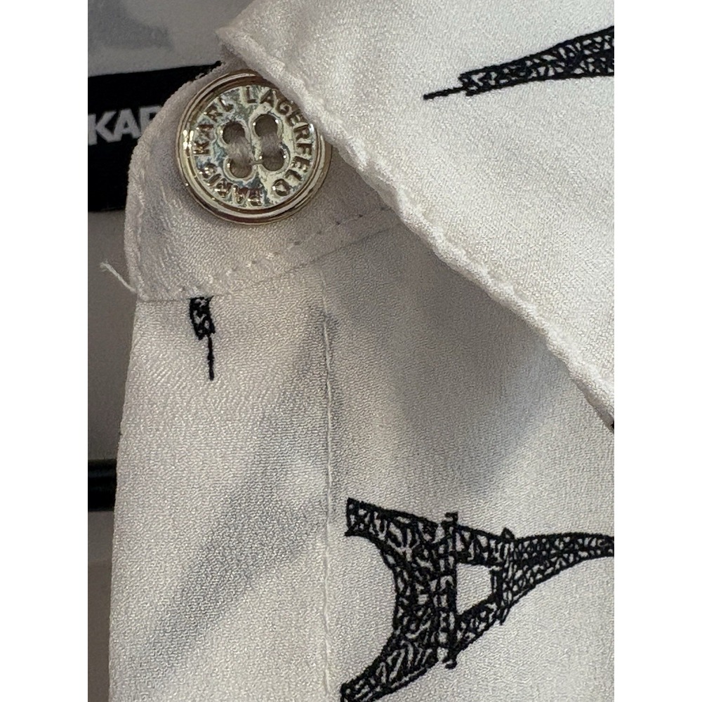 Karl Lagerfeld White Long Sleeve Button-Up Shirt Black Eiffel Tower Print - Picture 7 of 8